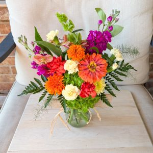 SOLD Bright Rustic Sunset Marigold & Zinnia Arrangement With Burlap Ribbon & Raffia